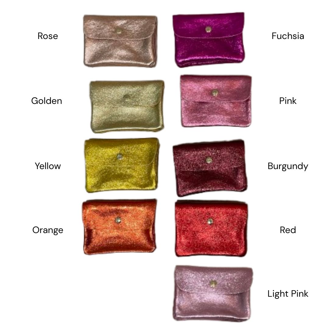 A color options chart showing metallic wallets in multiple shades labeled with names like Rose, Golden, Yellow, Orange, Fuchsia, Pink, Burgundy, Red, and Light Pink on a white background.
