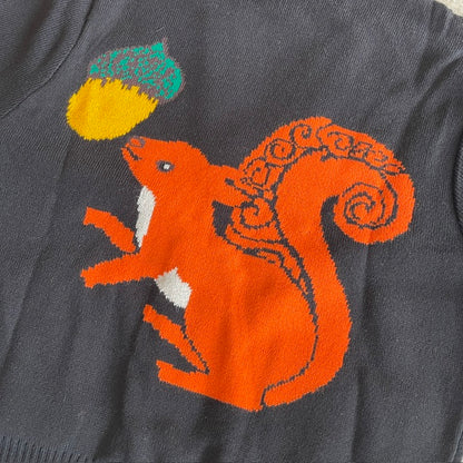 Close-up of a black knit sweater featuring a colorful knitted design of an orange squirrel with a white chest and a green-and-yellow acorn above it.
