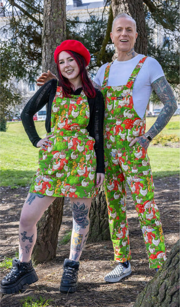 Run and Fly x The Mushroom Babes In The Geese Garden Stretch Twill Dungarees worn by model who is posing with another model wearing Run and Fly x The Mushroom Babes In The Geese Garden Stretch Twill Pinafore.