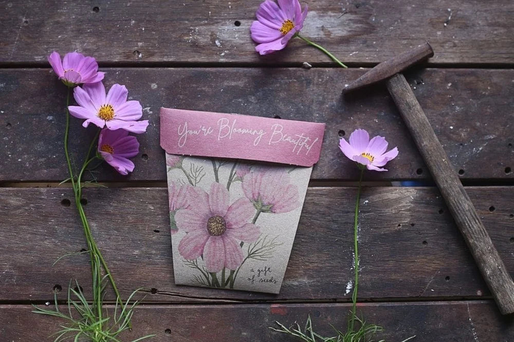 Styled image of You're Blooming Beautiful seed packet surrounded with pink flowers on a wooden surface