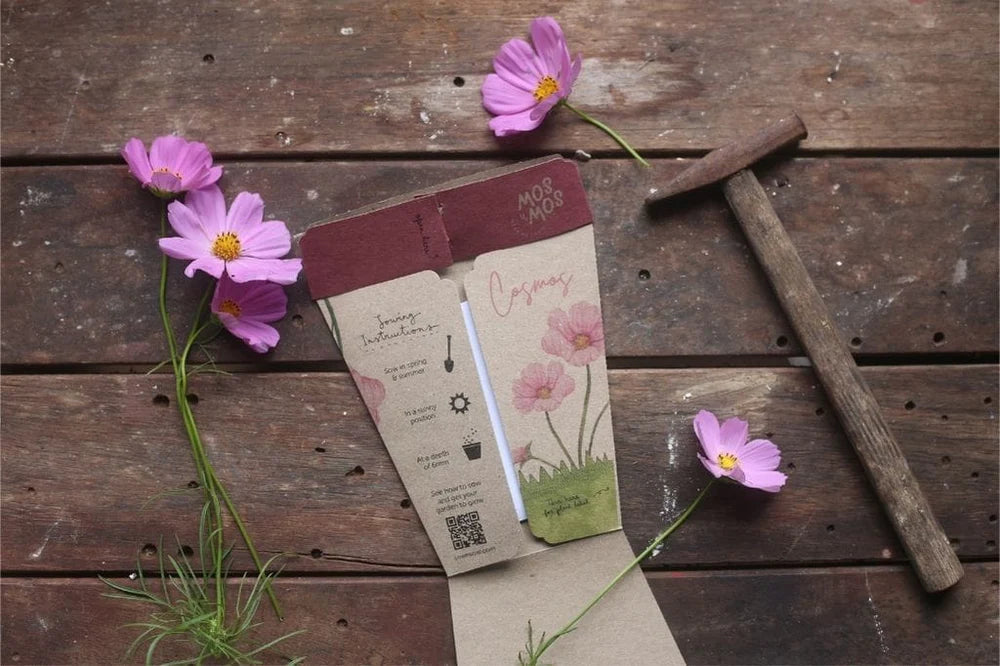 Styled image of seed packet semi-opened and a hammer on a wooden surface with pink flowers.