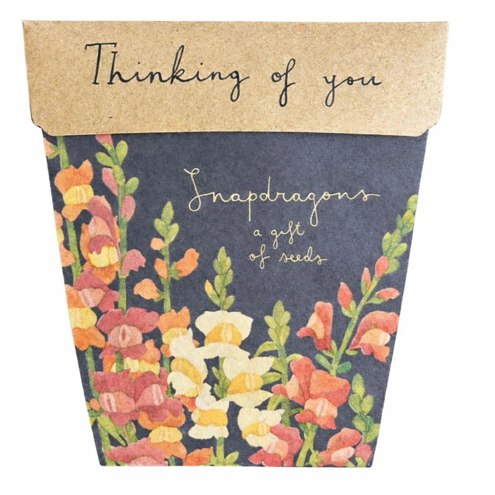 Floral seed packet with 'Thinking of you' text on a white background