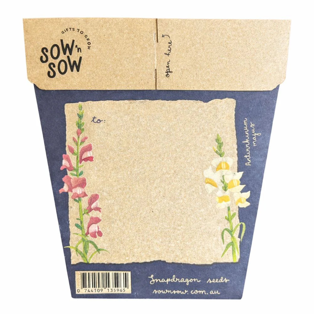 Back of Sow's Sow seed packet with floral illustrations with an area to write a message on a white background