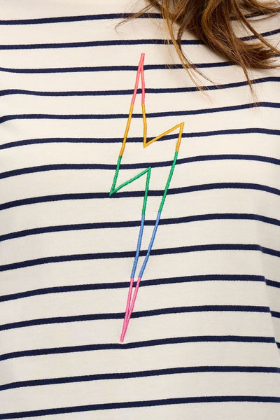Sugarhill Brighton Navy Stripe Top with Embroidered Rainbow Lightning