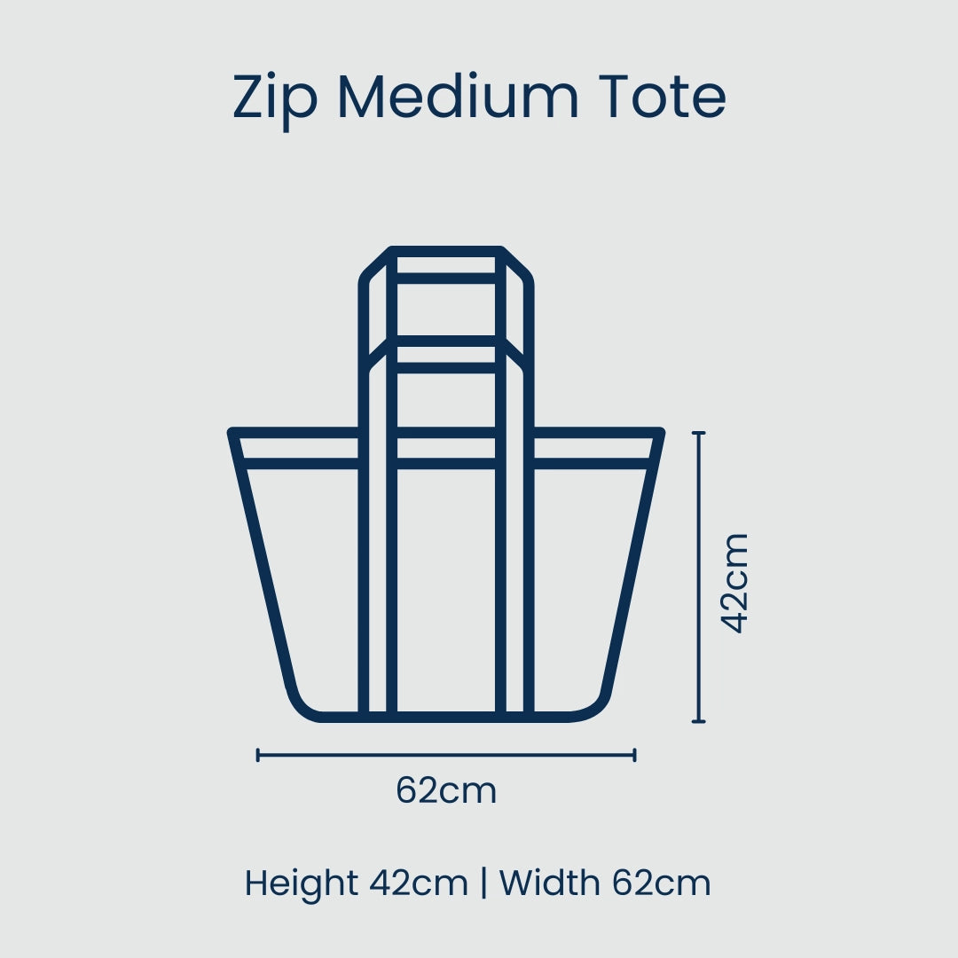 Diagram of a Project Ten Zip Medium Tote bag with dimensions on a white background