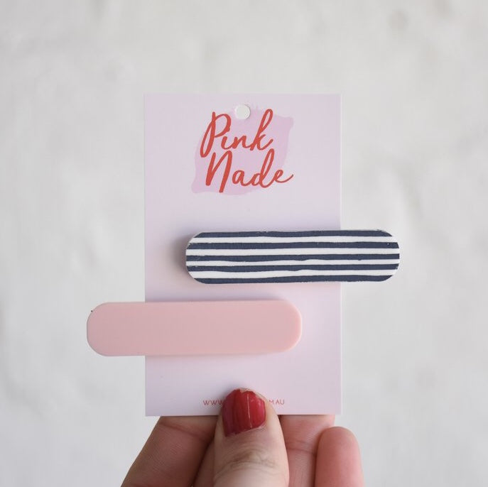 Pink Nade Pink and Blue Stripe Hair Clip Set
