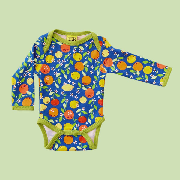 Duns Citrus Blue Long Sleeve Bodysuit - kids babies fashion onesies - pattern - lemon orange- blue - ruck rover perth australia - buy online