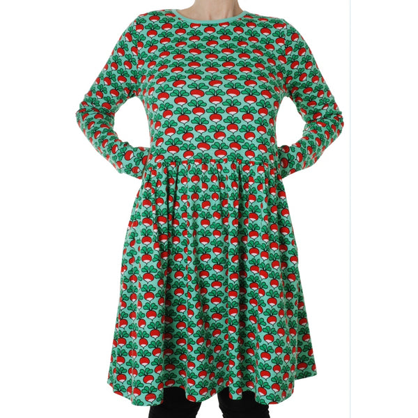 Duns Radish Electric Green Long Sleeve Adult Dress with Gathered Skirt
