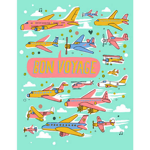 Image is of a bright turquoise greeting card with lots of colourful pink, blue and yellow aeroplanes, and a speech bubble that reads "Bon Voyage"