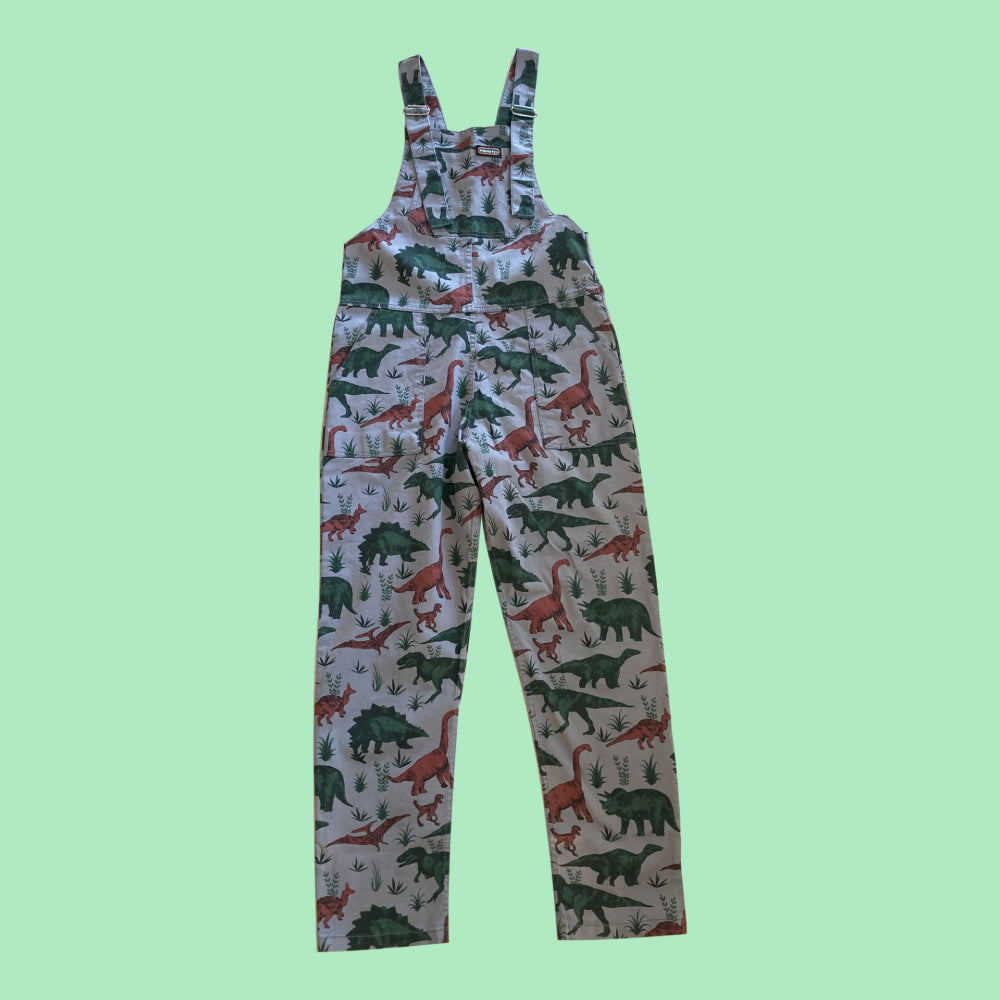 Grey drill dungarees covered with a green and red dinosaur print.