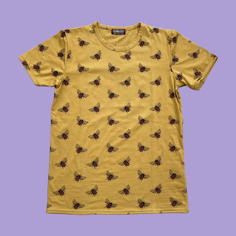 Honey-coloured tee covered in bee illustration print.