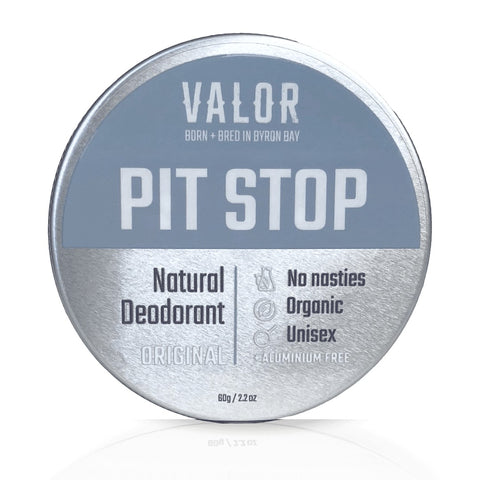 Image is of an upright tin of Pit Stop original unscented deodorant on a white background.
