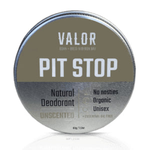 Image is of an upright tin of Pit Stop Unscented deodorant on a white background.