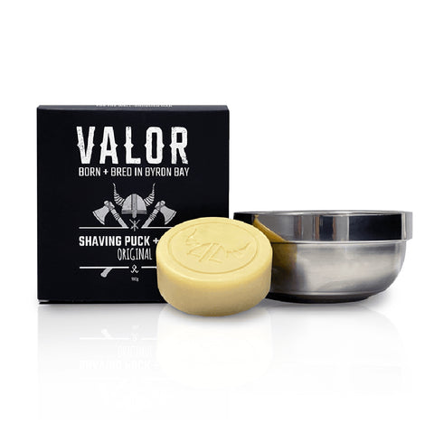 Image is of a black Valor branded box, with a shaving soap puck and steel bowl, on a white background.