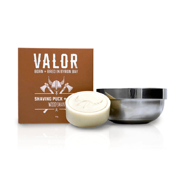 Image is of a brown Valor branded box, with a shaving soap puck and steel bowl, on a white background.