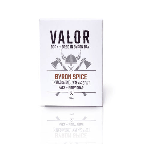 Image is of a white cardboard box containing Valor Byron Spice soap, on a white background.