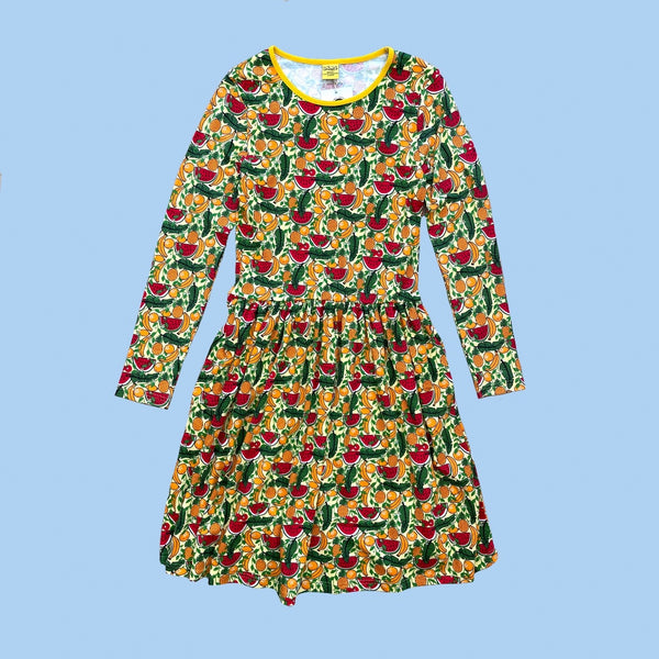 Duns Tropical Long Sleeve Adult Dress with Gathered Skirt